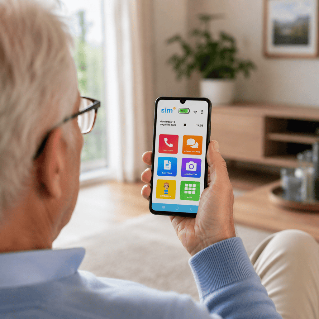 Man van 78 bekijkt een foto op het eenvoudige startscherm van zijn SimPhone