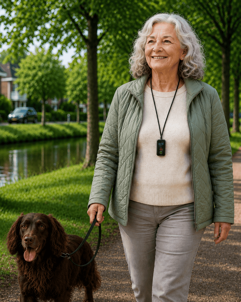 Vrouw van 74 wandelt met haar hond en draagt de alarmknop om haar nek