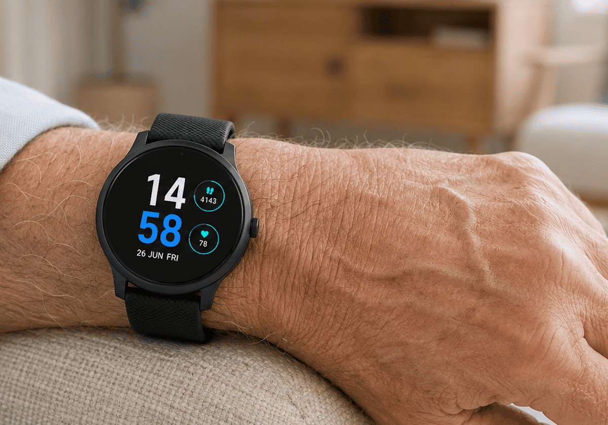 Alarmhorloge om de arm van een oudere man
