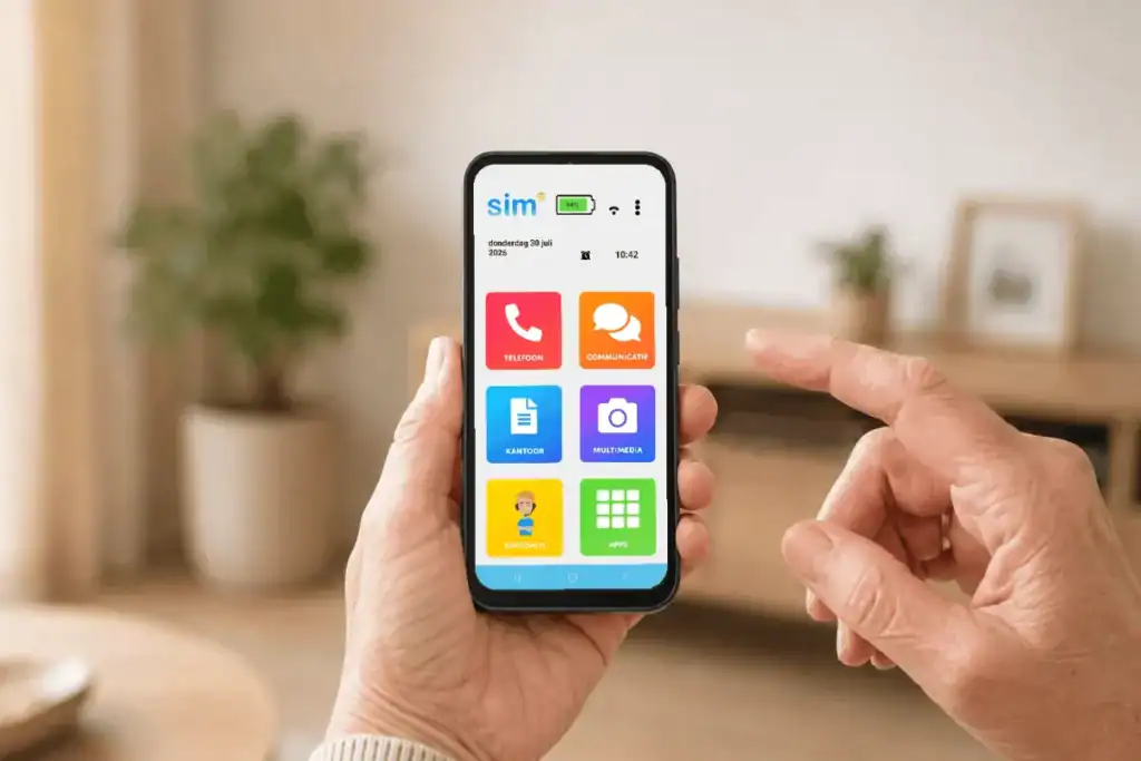 Hand houdt een SimPhone vast met het eenvoudige startscherm met grote gekleurde knoppen, met een SimTab op de achtergrond