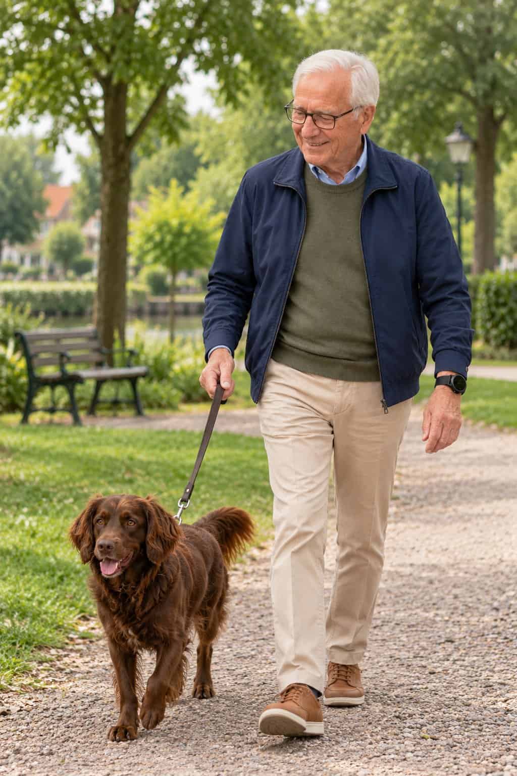 Oudere man laat zijn hond uit in het park en draagt een alarmhorloge
