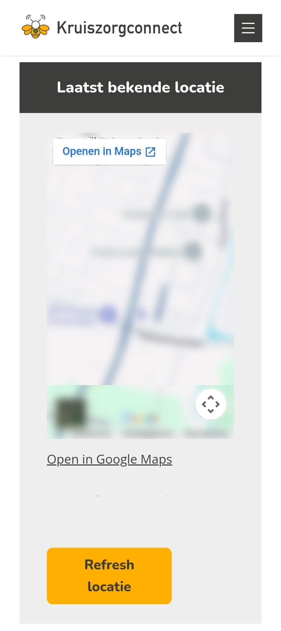 Voorbeeld van MijnPersonenalarm op een smartphone: laatst bekende locatie op de kaart met de knop Refresh locatie