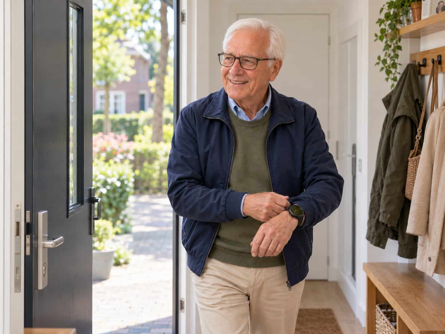 Oudere man staat bij de open voordeur en kijkt naar zijn alarmhorloge